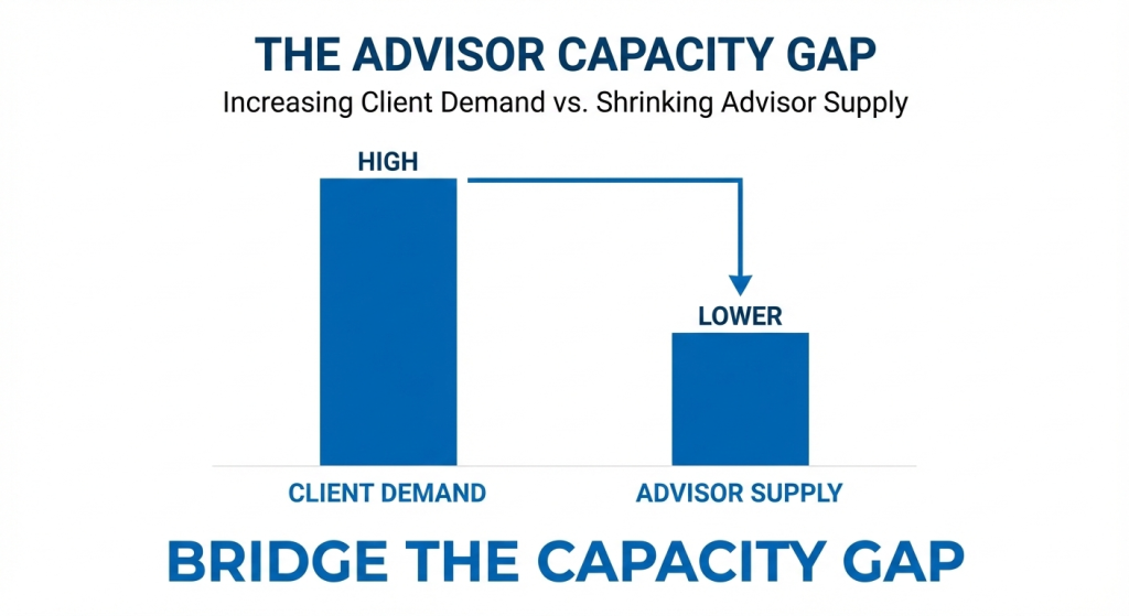 Infographic showing the widening gap between increasing client demand for financial advice and the shrinking pool of available advisors.
