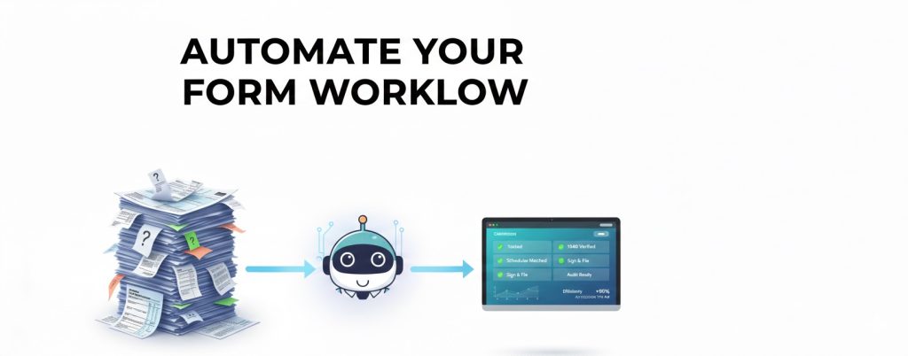 Conceptual image of an AI assistant organizing various IRS tax forms into a digital dashboard for an accounting firm.