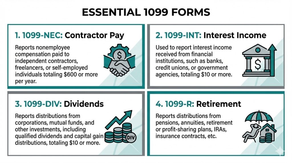 A grid showing 1099-NEC for contractors, 1099-INT for interest, 1099-DIV for dividends, and 1099-R for retirement.
