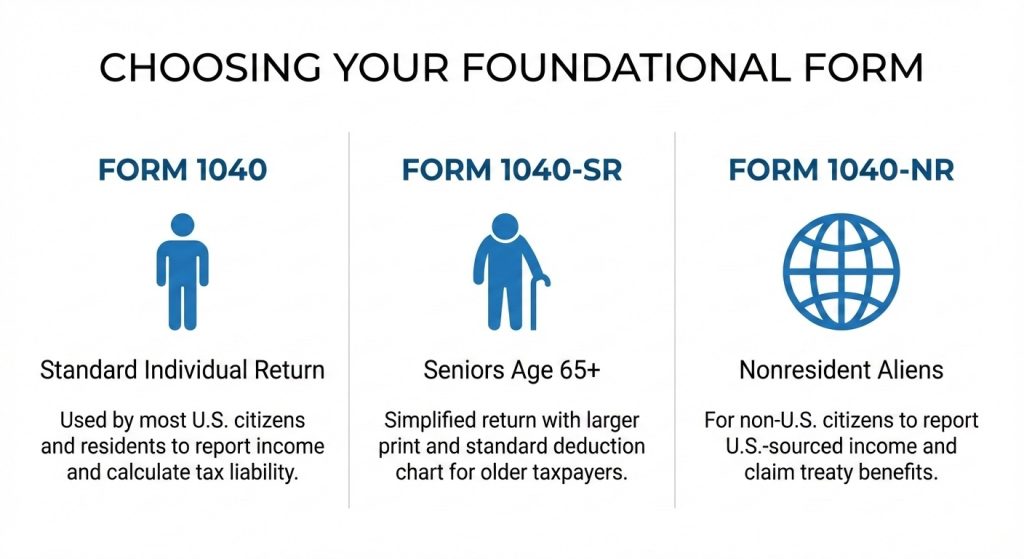 Infographic comparing the purpose of Form 1040, Form 1040-SR for seniors, and Form 1040-NR for nonresident aliens.