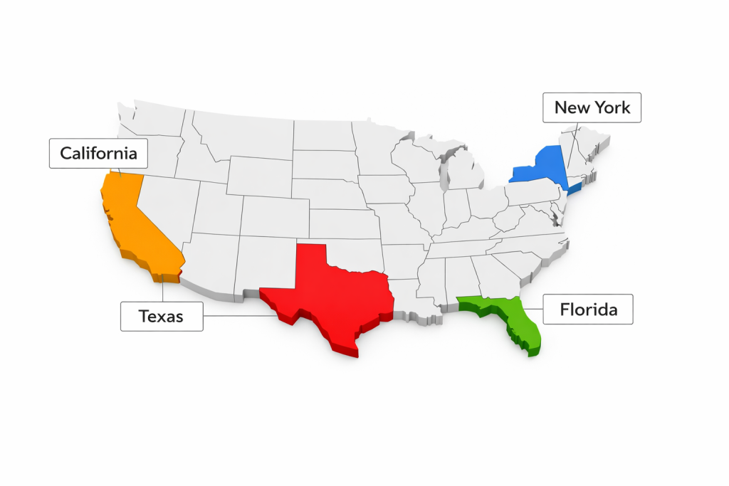 Map of the United States highlighting high-complexity tax states like California, New York, Texas, and Florida.