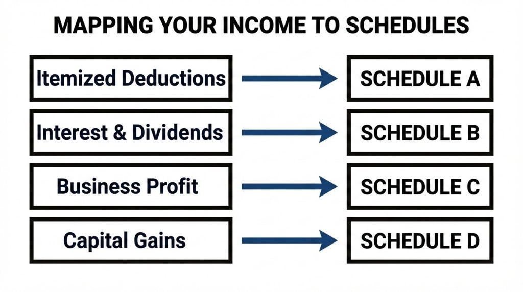 Visual guide mapping income types like business, interest, and capital gains to their respective IRS Schedules A, B, C, and D.