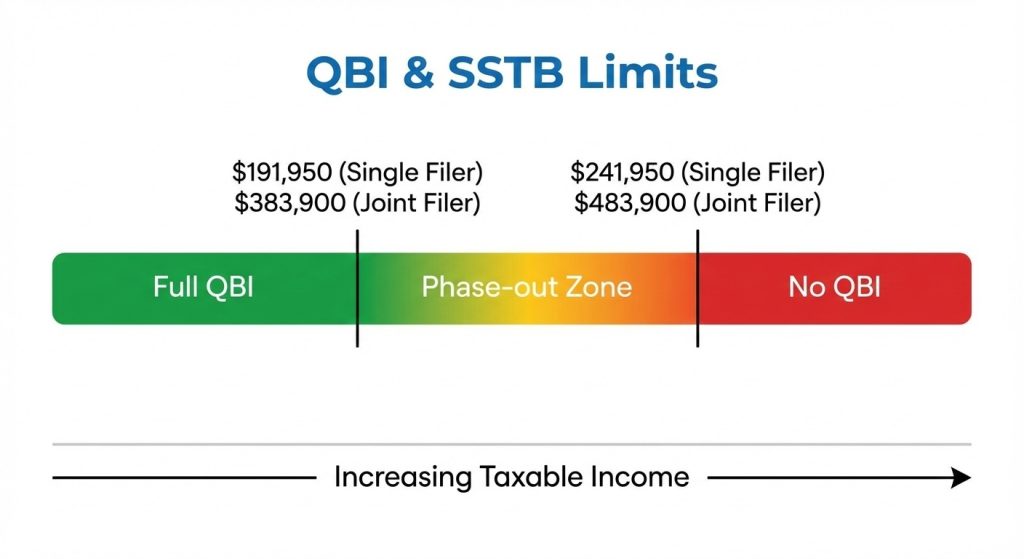 Threshold chart showing the income limits and phase-out for QBI deductions in healthcare.