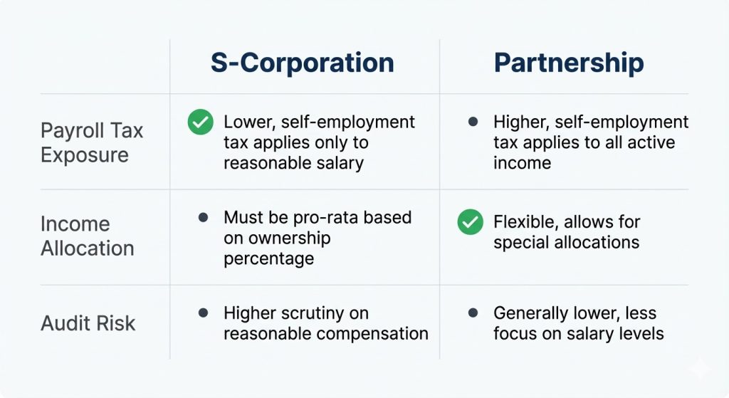 Comparison table showing differences between S-Corporations and Partnerships in healthcare tax planning.