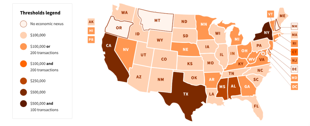 Map showing U.S. state economic nexus thresholds for sales tax, including revenue and transaction-based limits