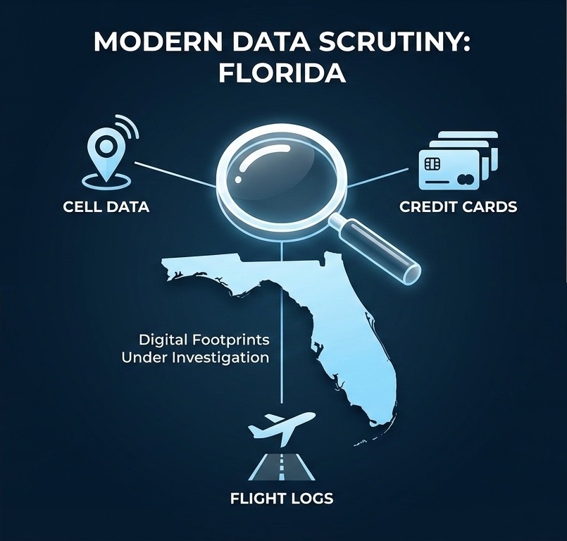 Conceptual graphic showing how digital data like cell phone records and credit cards are used in residency audits.