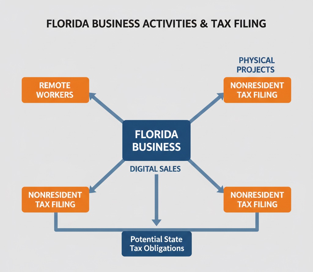 Diagram showing how Florida-based businesses trigger tax obligations in other states via remote work and out-of-state sales.