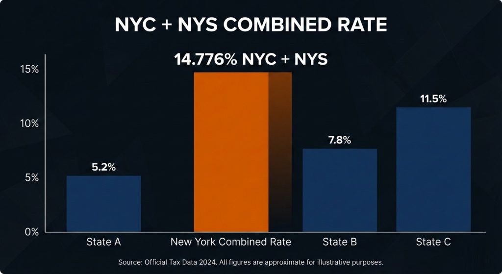 Infographic showing the combined top marginal tax rate for New York City residents.