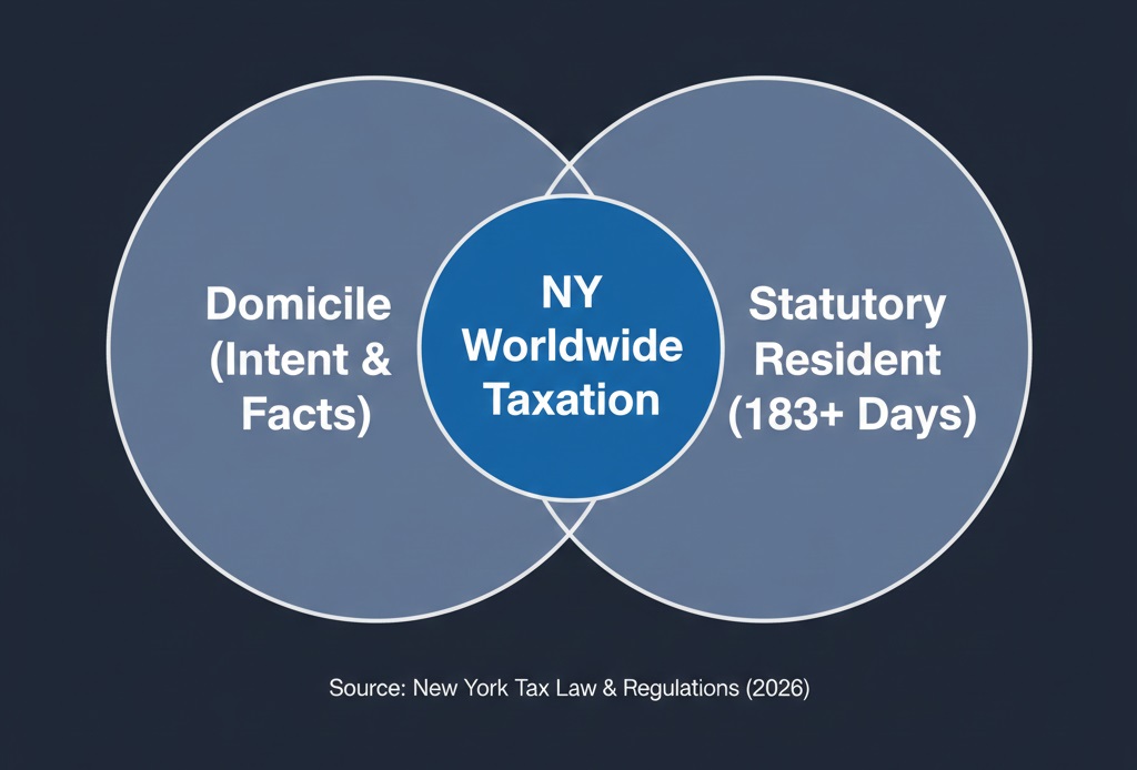 Diagram showing the two tests for New York tax residency: Domicile and Statutory Residence.