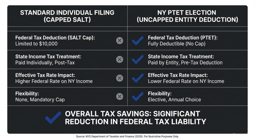 Comparison table showing tax deduction benefits before and after New York Pass-Through Entity Tax election.