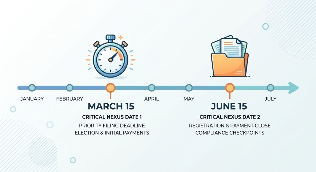 Visual timeline showing critical filing windows for state PTE elections and required prepayments.