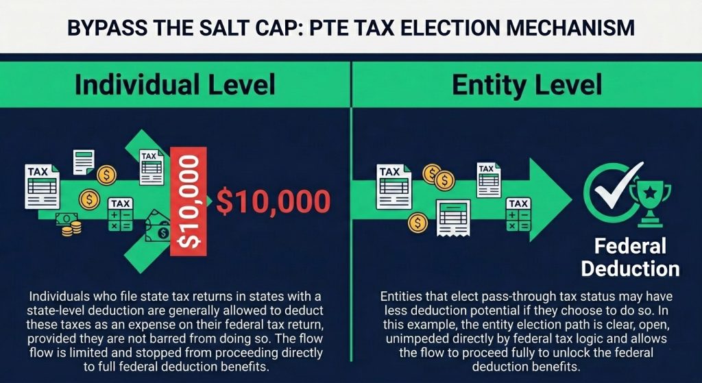 Infographic comparing standard individual state tax filing with limited deductions against the pass-through entity election path allowing full federal tax benefits.