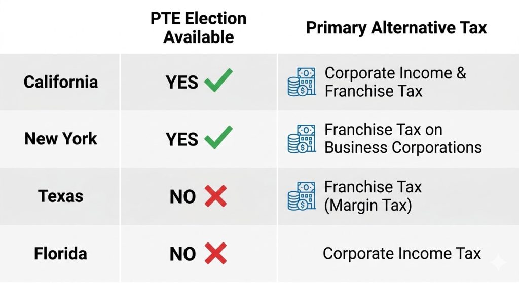 Comparison table showing states with active PTE tax regimes versus states that use franchise or business-and-occupation taxes.