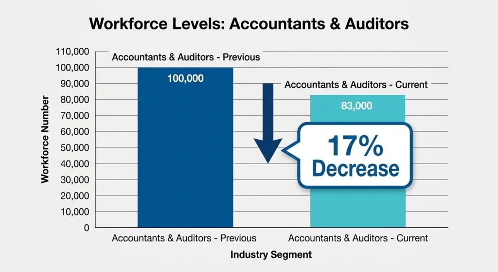 Bar chart illustrating a seventeen percent decrease in the accounting and auditing workforce.
File Name: accountant-workforce-decline-statistics