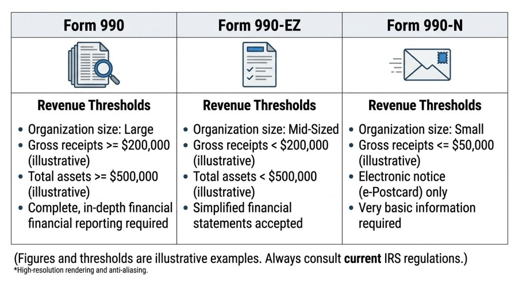 Comparison table of Form 990, 990-EZ, and 990-N based on financial thresholds.