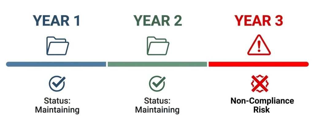 Infographic showing three annual cycles leading to the loss of tax-exempt status for non-filing.