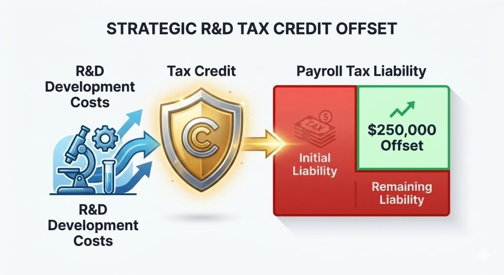 A diagram showing the application of research and development credits to payroll tax liability.