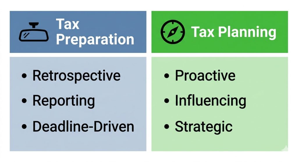 Infographic comparing retrospective tax preparation with proactive tax planning.