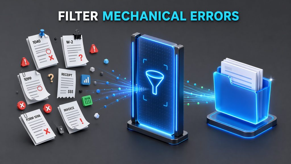 A conceptual diagram showing a digital AI grid filtering messy tax documents into a clean organized file for professional review.
