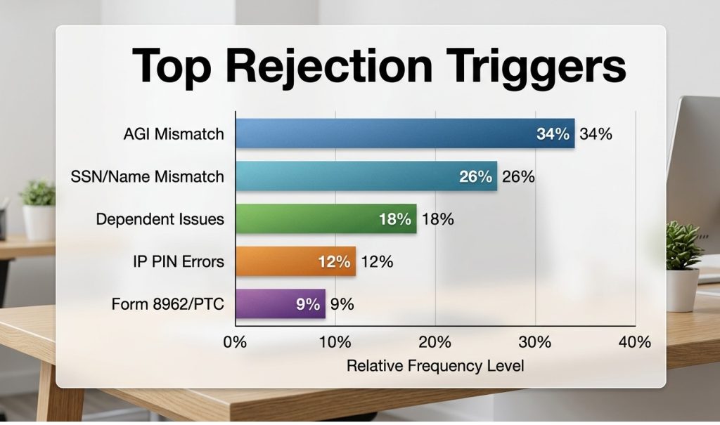 Bar chart illustrating the most common causes for IRS tax return rejections.