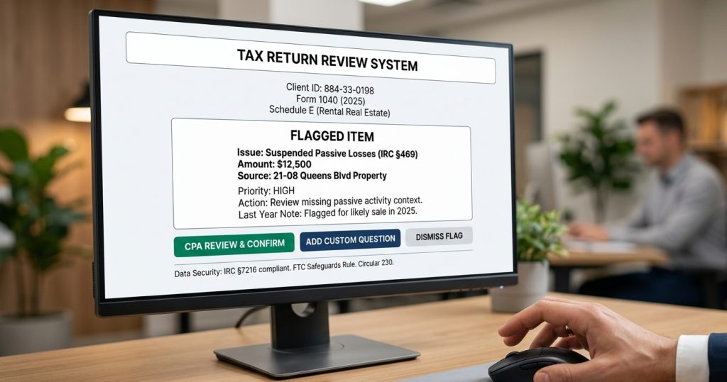 A close-up view of a tax professional's hands on a keyboard, reviewing an AI-flagged discrepancy on a computer monitor.