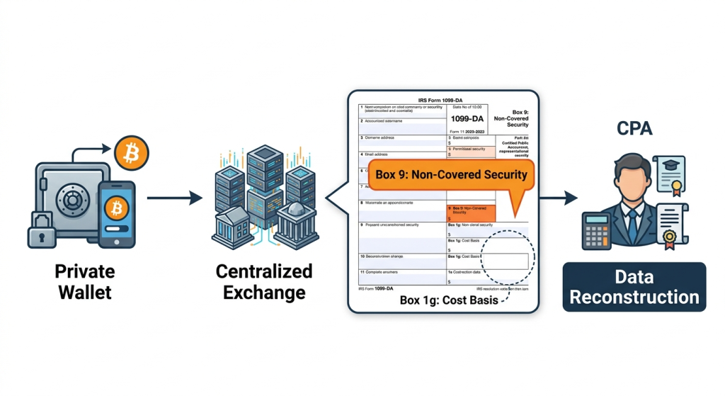 Flowchart showing how a digital asset transfer from a private wallet to an exchange results in a non-covered security status and missing cost basis information.