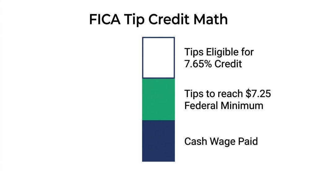 Infographic showing the calculation of the FICA tip credit based on tips exceeding the federal minimum wage threshold.