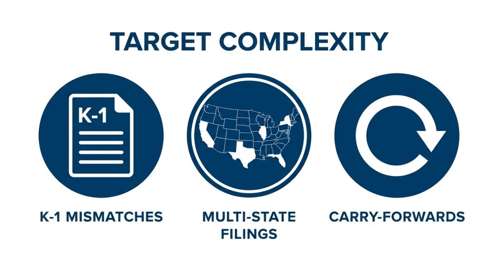 A visual list of tax return types that benefit most from AI review including multi-state and K-1 heavy returns.