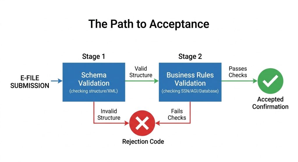 Flowchart showing the two-stage IRS e-file validation process of schema and business rules checks.