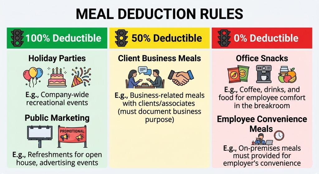 Table showing 100 percent, 50 percent, and 0 percent meal deductibility categories for businesses.