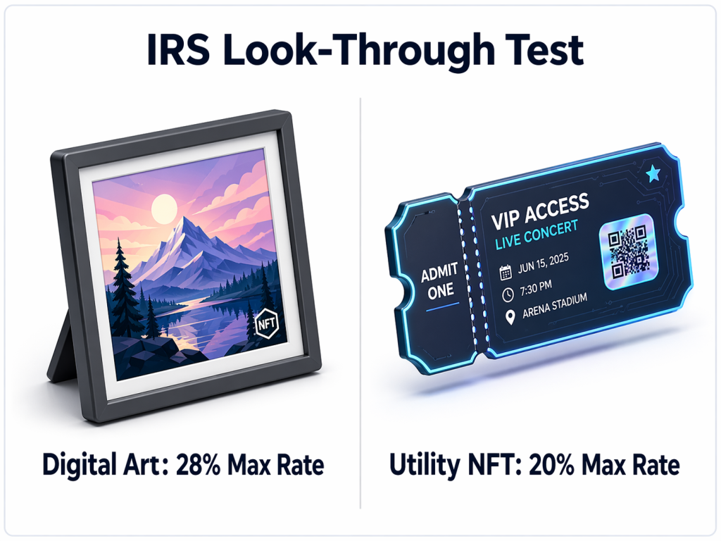 Visual representation of the IRS look-through test for NFTs, distinguishing between digital art as a collectible and digital tickets as standard assets.