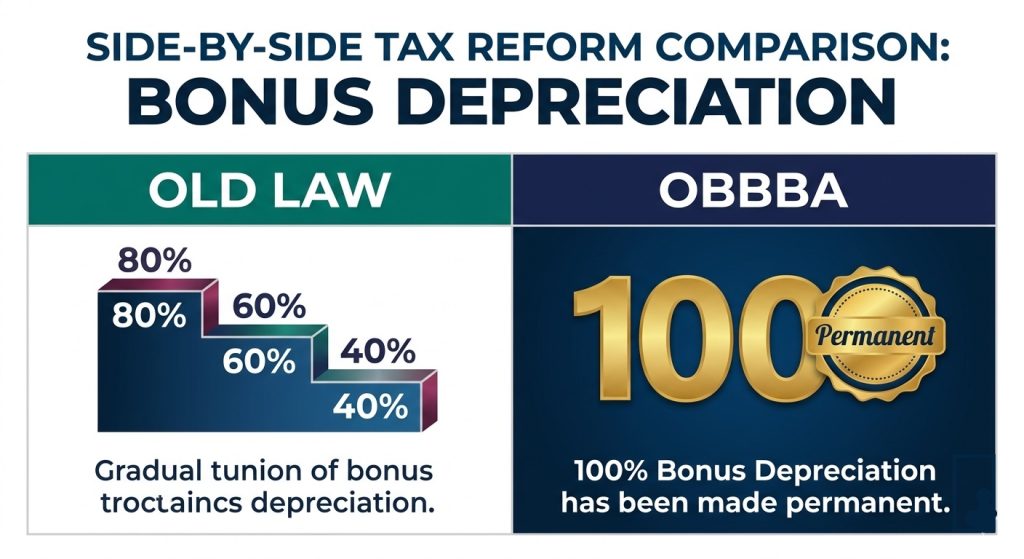 Comparison chart showing the permanent 100 percent bonus depreciation versus the old declining percentage model.