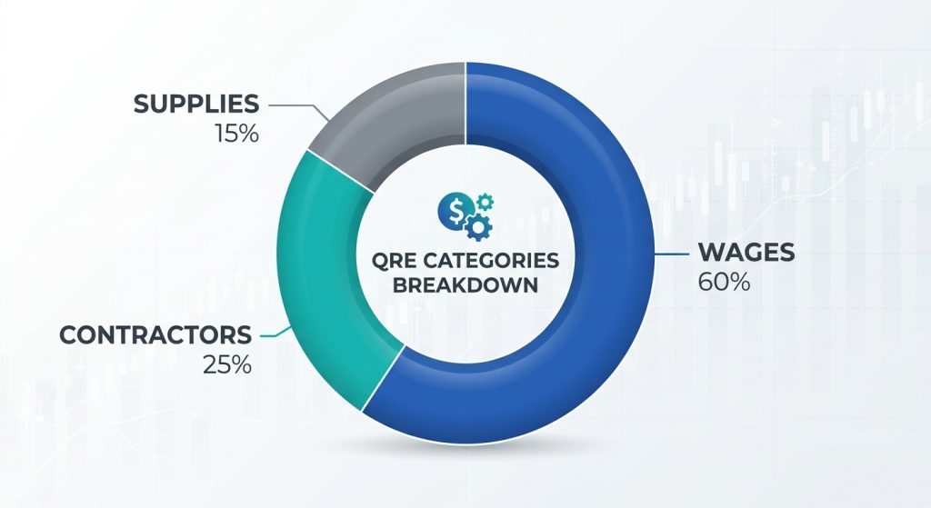 Donut chart showing the three main categories of Qualified Research Expenses: Wages, Contractors, and Supplies.