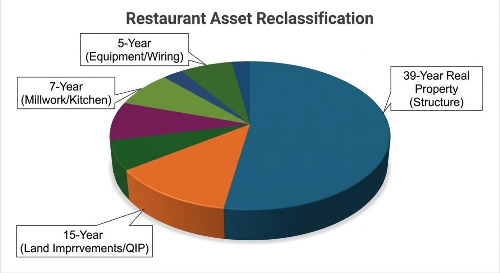 Pie chart illustrating the reclassification of building assets into 5, 7, and 15 year depreciation lives.