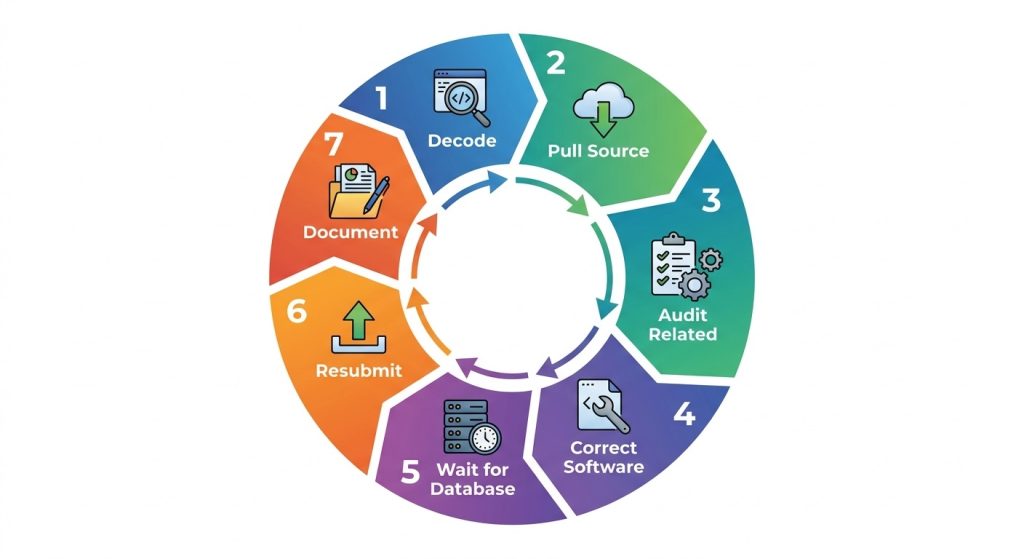Seven-step circular diagram showing the workflow for resolving IRS tax return rejections.