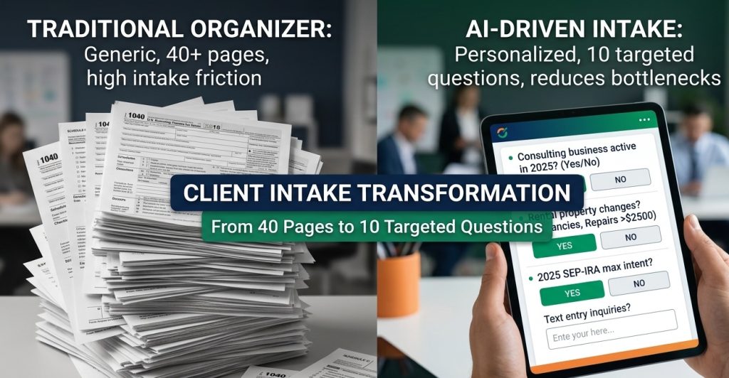 A split comparison showing the contrast between a massive stack of traditional paper tax forms and a streamlined digital interface on a tablet.