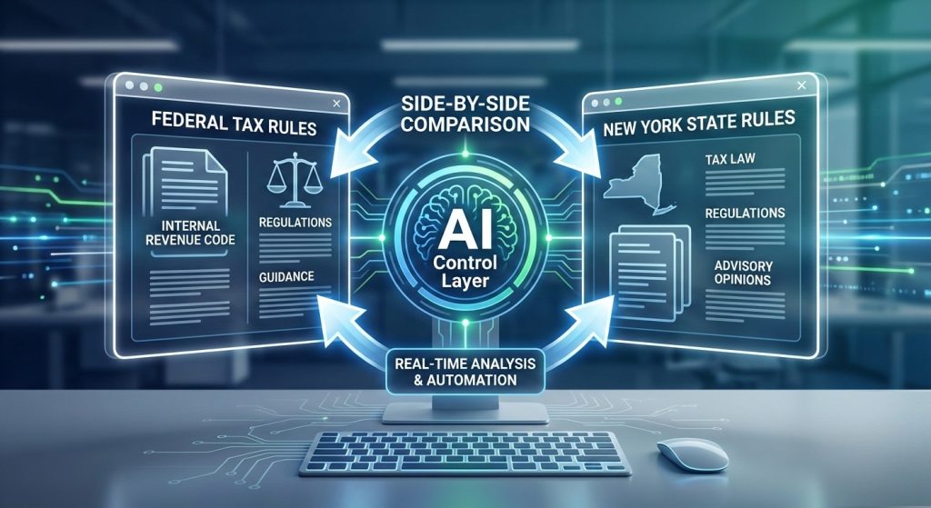 Conceptual illustration of a CPA using AI software to compare federal and New York tax rules.
