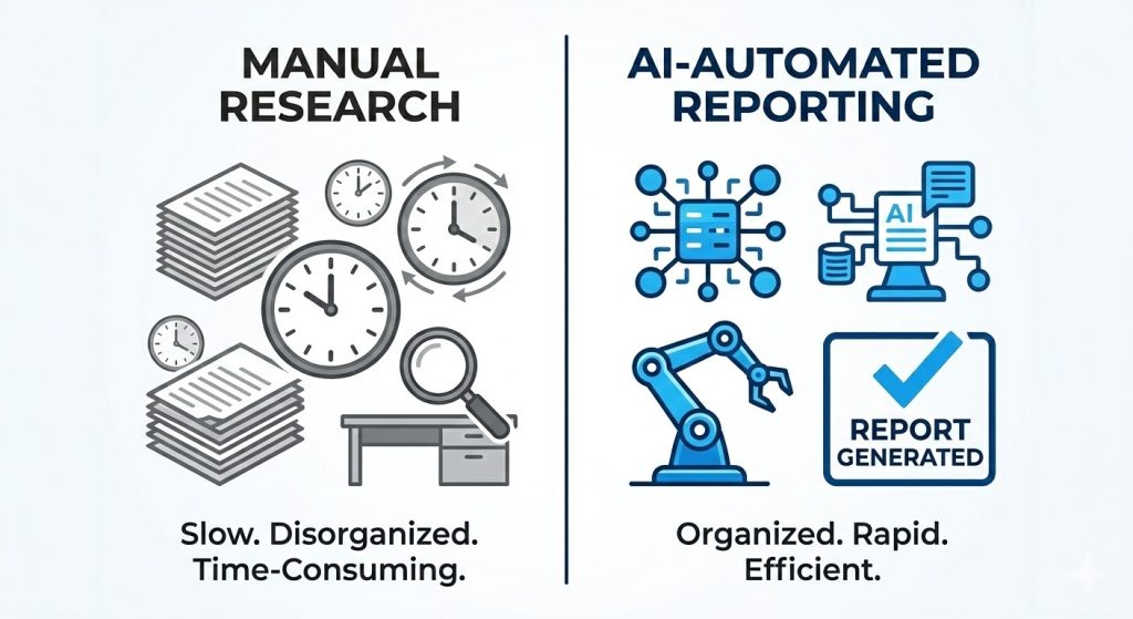 Comparative visualization of manual tax research versus automated AI reporting for PTE compliance.