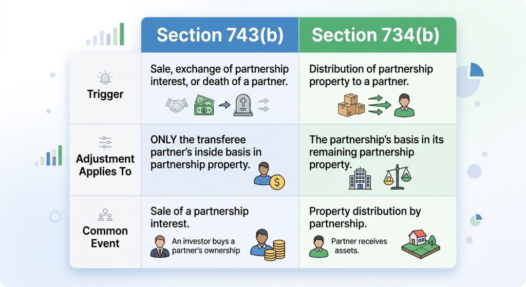 Comparison table between Section 743(b) and Section 734(b) regarding triggers, adjustments, and review concerns.
