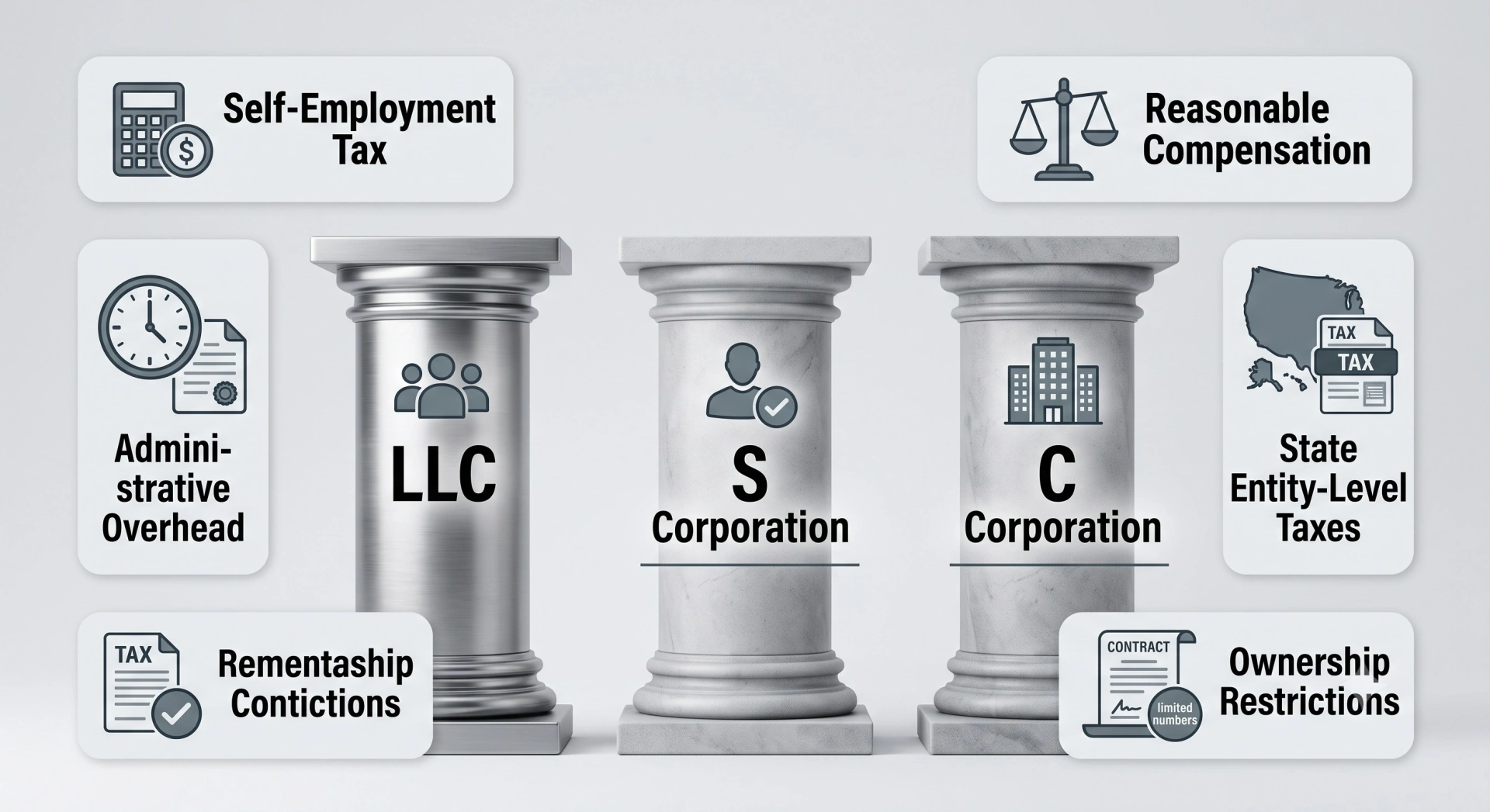 Comparison graphic illustrating the core variables analyzed in business entity selection between LLC, S Corporation, and C Corporation.
File Name: business-entity-selection-analysis-factors