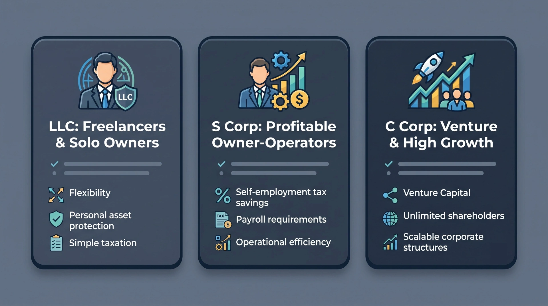 Infographic illustrating business structure recommendations showing LLC for solo owners, S Corp for profitable businesses, and C Corp for venture capital startups