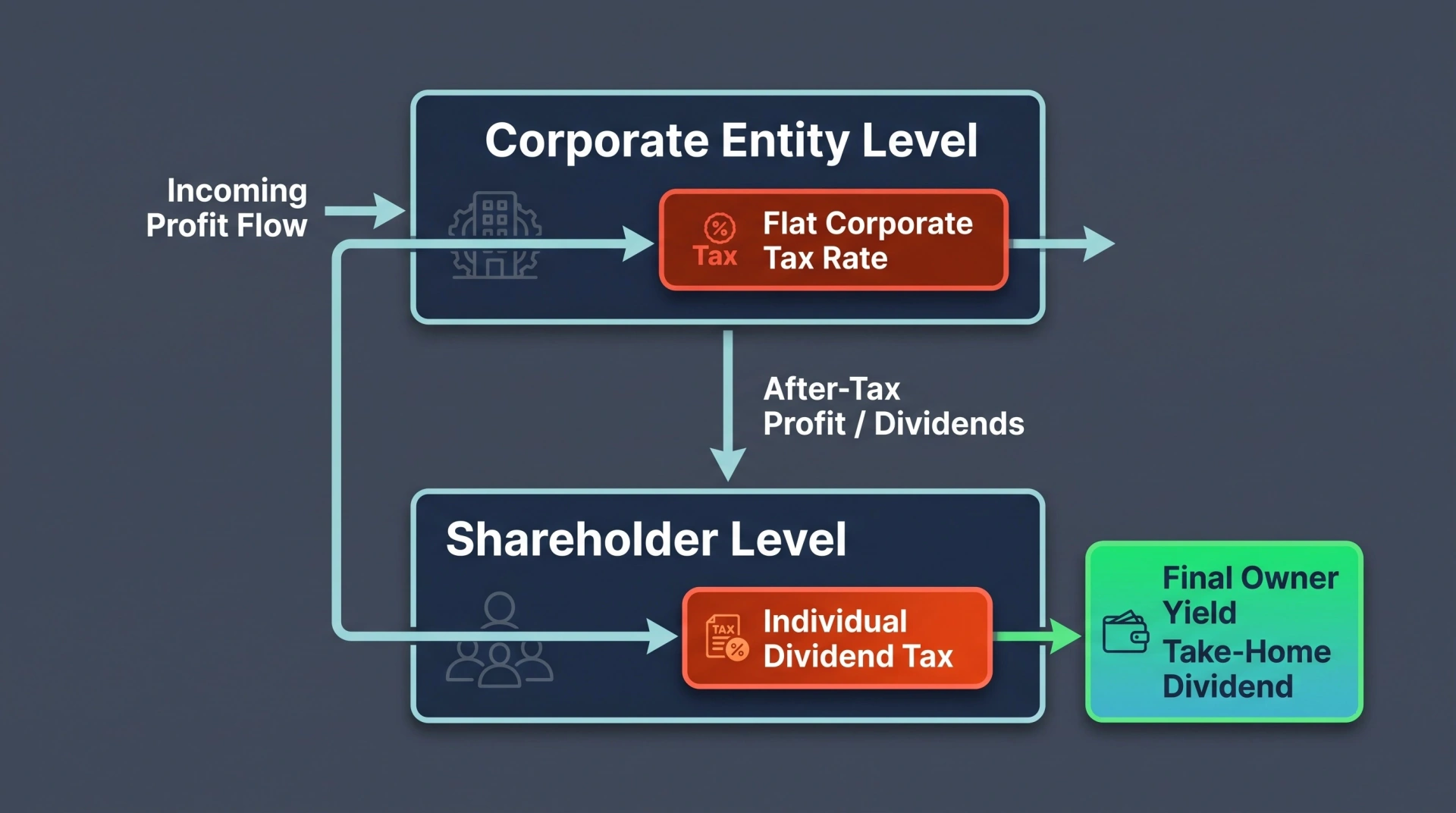 Flowchart tracing C Corporation double taxation from corporate income tax to shareholder dividend distributions