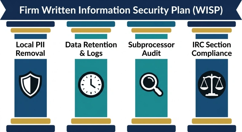 Graphic illustrating the essential security pillars for AI tool evaluation within a CPA firm's security plan.
