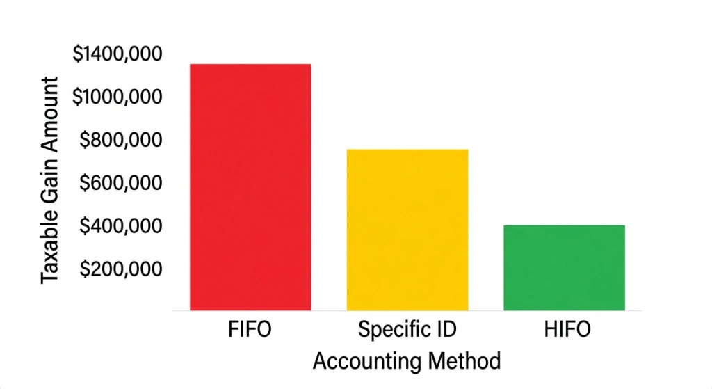 Bar chart comparing taxable gains across three different accounting methods, showing HIFO as the lowest gain and FIFO as the highest.