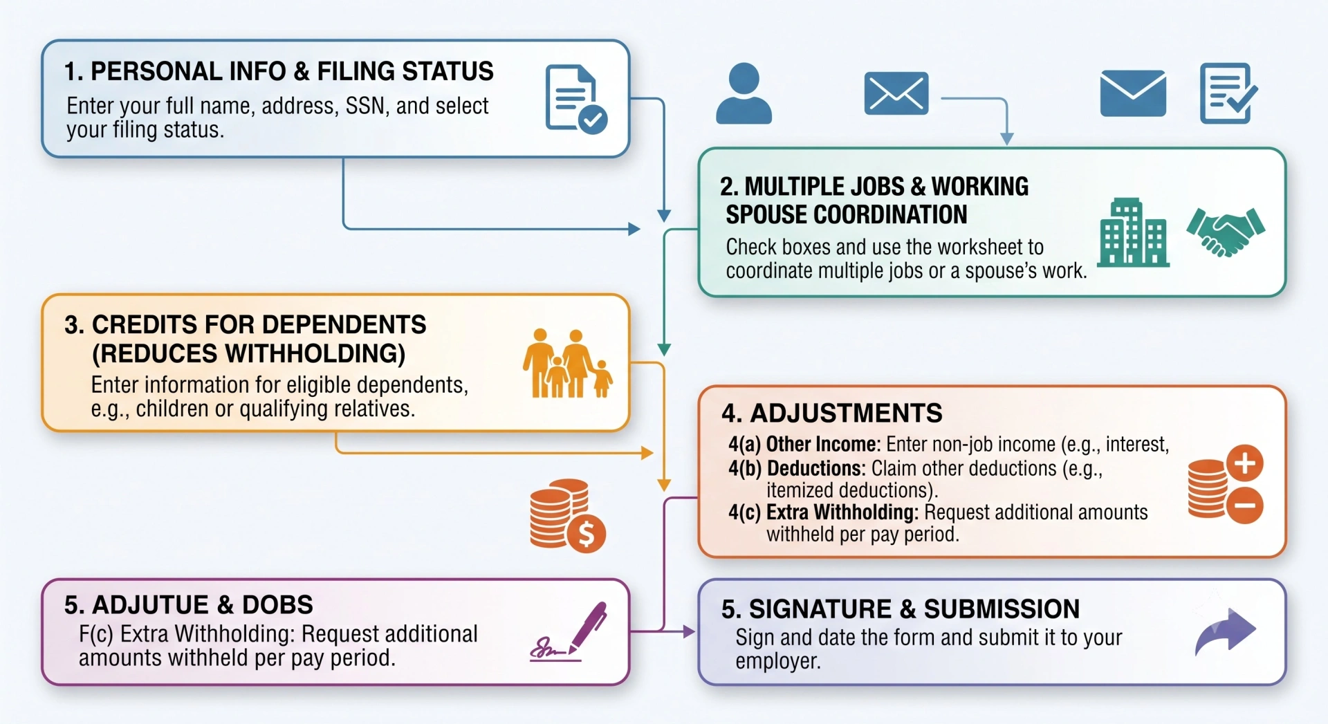 Process flowchart outlining the five steps of federal withholding certificate adjustments.