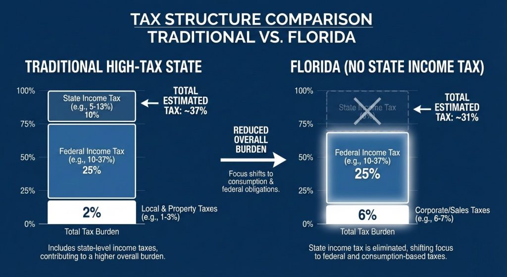 Infographic comparing tax layers between a high-tax state and Florida, highlighting the shift toward federal and transaction tax.