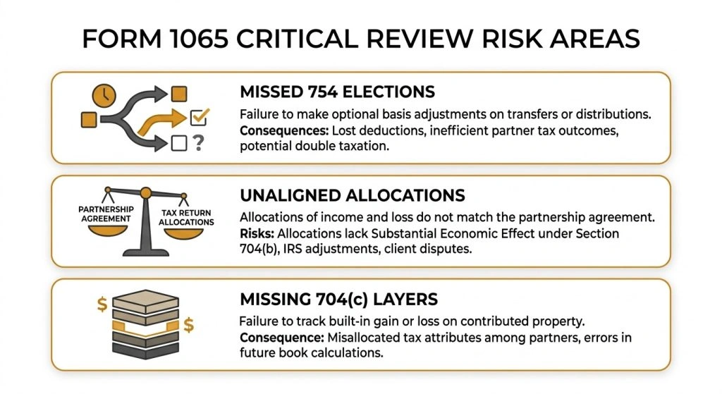 A visual guide to common Form 1065 review errors including missed elections and unaligned allocations.