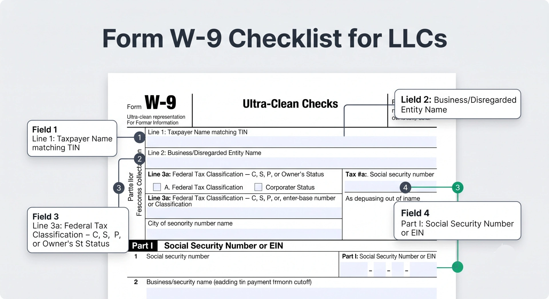 Highlighted visual overview of Form W-9 key sections including Line 1 Taxpayer Name, Line 2 Business Name, Line 3a Tax Classification, and Part I Taxpayer Identification Number.