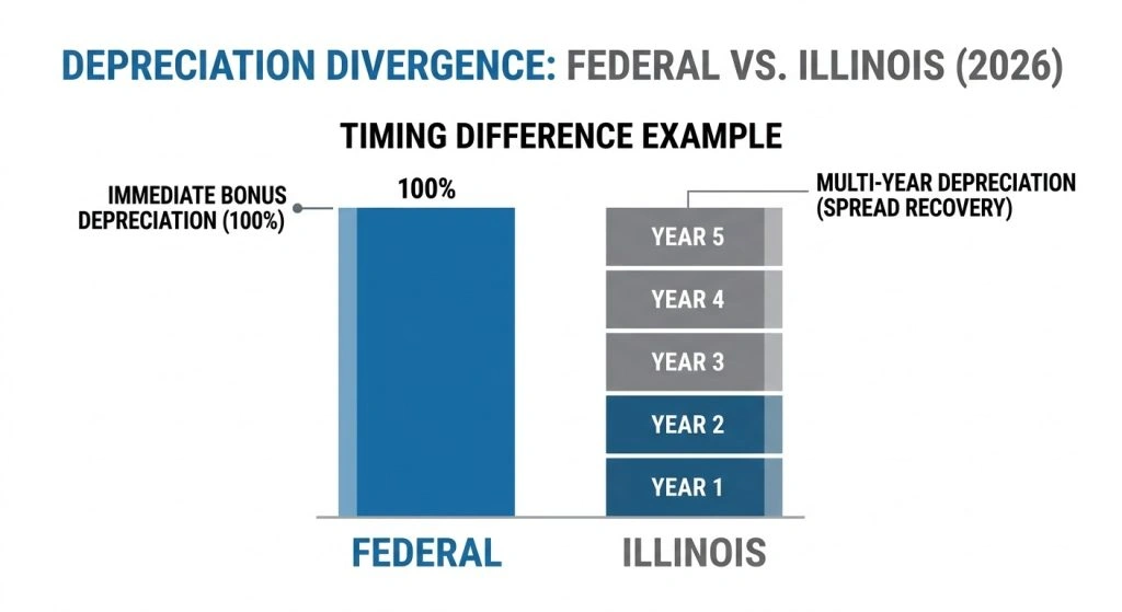 A comparison bar chart showing immediate federal tax deduction versus gradual Illinois state tax depreciation recovery over several years.