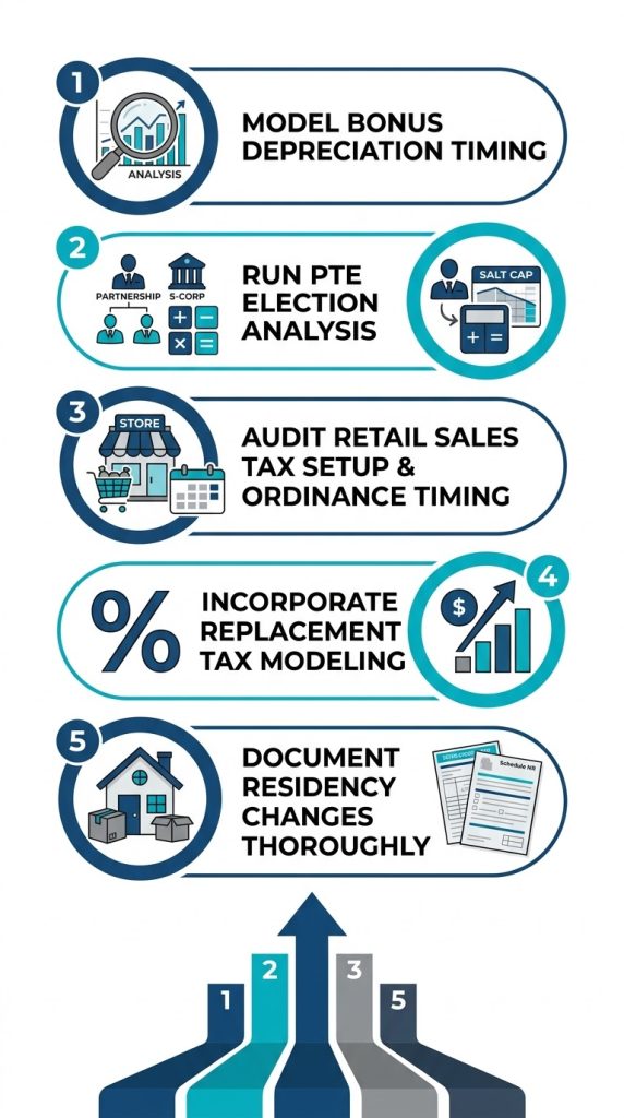 An infographic checklist listing five prioritized steps for CPAs: bonus depreciation modeling, PTE analysis, sales tax audits, replacement tax modeling, and residency documentation.
